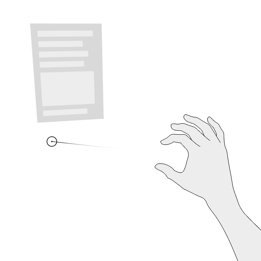 This short animation shows a user’s hand selecting a virtual UI item by making a pinch gesture with the thumb and the index finger slightly separated to aim a ray at the item and then touching the tip of the thumb and index finger together to select and move the item.